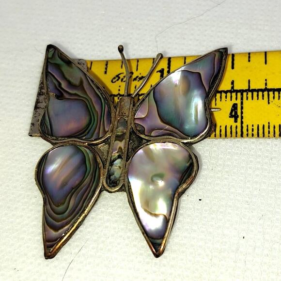 Vintage inlay abalone shell  butterfly brooch stamped Alpaca Mexico setting - Picture 6 of 7